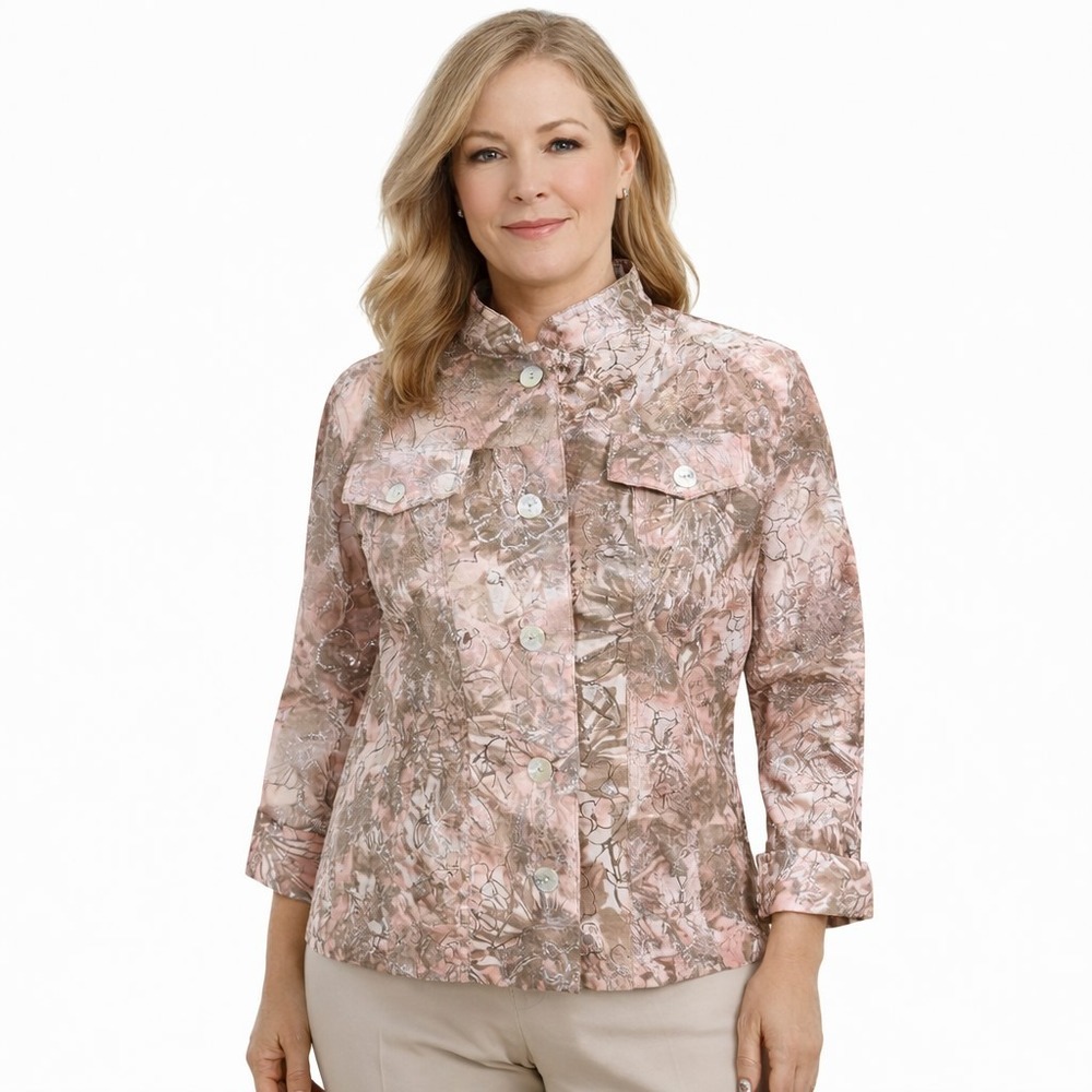 RUBY RD. Size 14P Floral‎ Glitter Accent Pink and Taupe Dressy Shacket Jacket